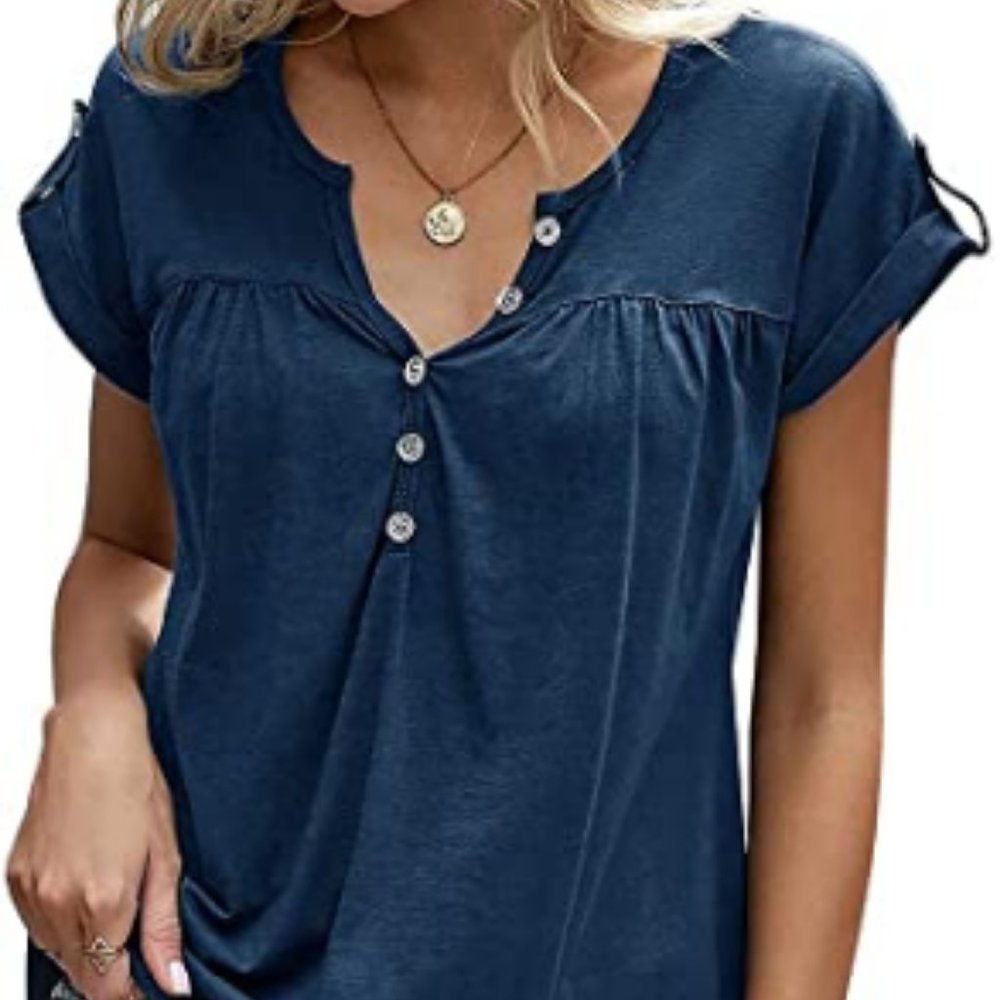 Womens V Neck Henley T Shirts Button Up Short Rolled Sleeve Solid Loose Casual T